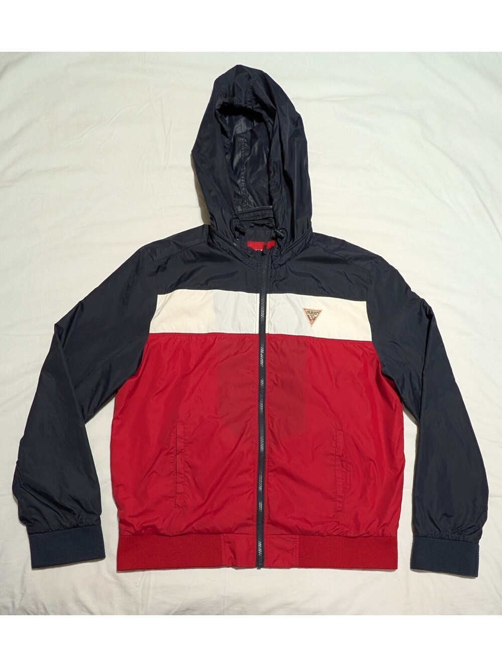 GUESS Men's Hooded Windbreaker Jacket Navy Blue Red White XL